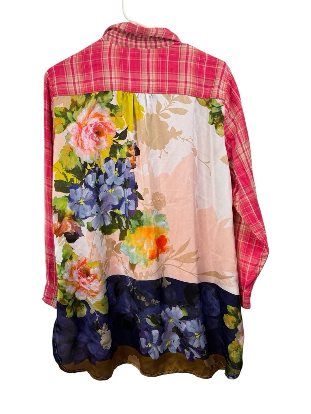 Soft Surroundings Size Large Plaid Button Down Long Sleeve Shirt Top Floral Back - Picture 3 of 7